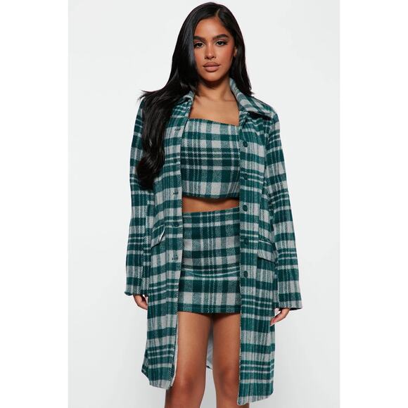NWT Green Plaid 3-Piece Set Top Skirt Long Coat Small Holiday Academia Winter - Picture 1 of 16